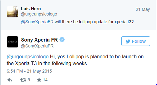Xperia T3 Android Lollipop update